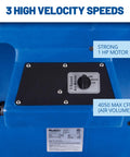 Beast Mode 1 HP Air Mover Blower Fan, 4050 CFM, control panel with 3 speed settings and labels showing motor strength.