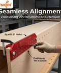 Professional Self Clamping Shelf Pin Jig Drills Eleven Perfectly Aligned Holes In One Straight Shot Featuring A Heavy Duty Metal Body For Completely Hassle Free Cabinet Setup Work in use, showing jig with 11 holes on wood.