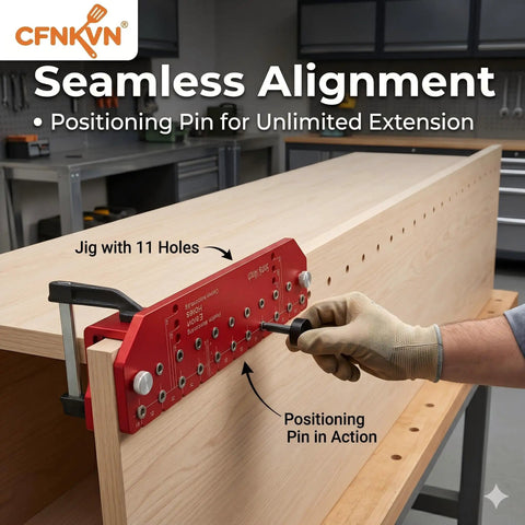 Professional Self Clamping Shelf Pin Jig Drills Eleven Perfectly Aligned Holes In One Straight Shot Featuring A Heavy Duty Metal Body For Completely Hassle Free Cabinet Setup Work in use, showing jig with 11 holes on wood.