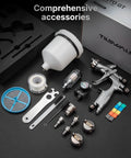 Professional Grade HVLP Spray Gun Kit Featuring Built Tough Stainless Steel Flow Channel And Precision Nozzles For Crisp Atomization Zero Drama And Flawless Auto Finishes with accessories laid out.
