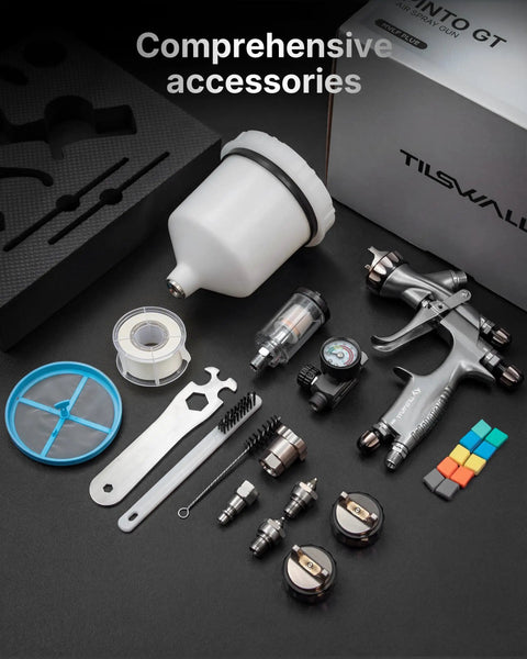Professional Grade HVLP Spray Gun Kit Featuring Built Tough Stainless Steel Flow Channel And Precision Nozzles For Crisp Atomization Zero Drama And Flawless Auto Finishes with accessories laid out.
