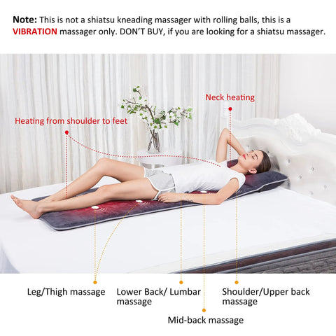 Person lying on Full Body Massage Mat With Heat And 10 Vibrating Motors Memory Foam Pad For Back Pain Relief Neck Lumbar And Leg Heating Pads Home Spa Vibe Easy To Use Gift For Mom on bed