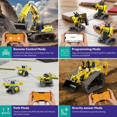 LECPOP 5-in-1 Building Toys STEM Robotics Kit, 430-piece yellow RC excavator set with app and remote control.