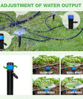 All In One Garden Drip Irrigation Kit No Tools Needed With Push To Connect Fittings And Fifty Nine Feet Flexible Tubing For Raised Beds Pots And Lawn Plants One Quarter Inch Emitters Adjustable Watering System shown with water adjustment feature.