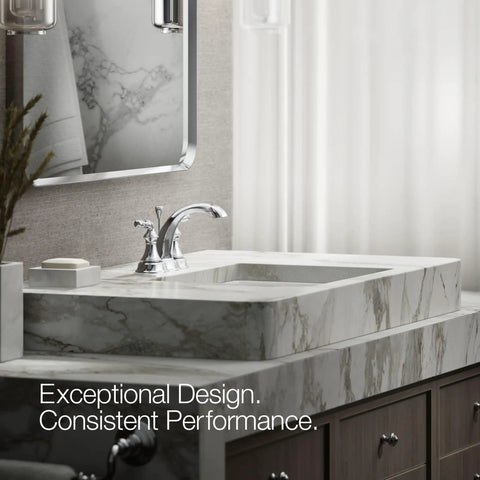Devonshire Centerset Bathroom Faucet 4-Inch 2-Handle With Pop-Up Drain in polished chrome on marble sink