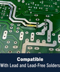 Close-up of solder joints on PCB, compatible with 835 Liquid Rosin Flux For Leaded And Lead Free Soldering 125 Milliliter Bottle.
