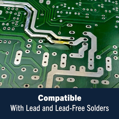 Close-up of solder joints on PCB, compatible with 835 Liquid Rosin Flux For Leaded And Lead Free Soldering 125 Milliliter Bottle.