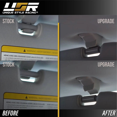 Side-by-side comparison of Tesla Model 3 Magnetic Sun Visor Clip Upgrade Kit 2017 2020 Easy Snap In Clips showing stock vs. upgrade.