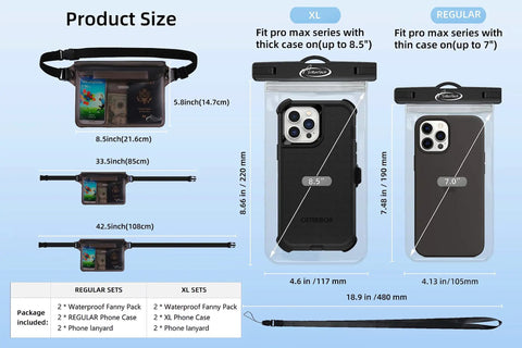 Product size chart for Waterproof Phone Pouch And Waist Bag Set For Iphone 11 Through 16 Pro Max IPX8 Dry Bag