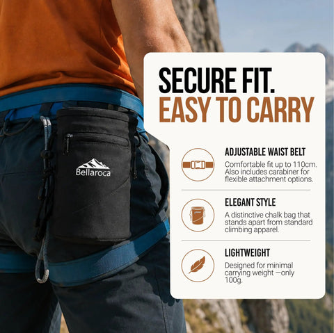 Climbing Chalk Bag With Waist Belt And Carabiner For Rock Climbing And Bouldering Rigid Rim Soft Fleece Lining No Spill Drawstring Pouch