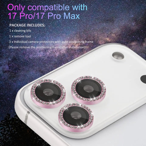 Camera Lens Protector For iPhone 17 Pro And 17 Pro Max, Ultra Thin Tempered Glass Shield With Easy Install Tray, Diamond Pink Finish on white phone