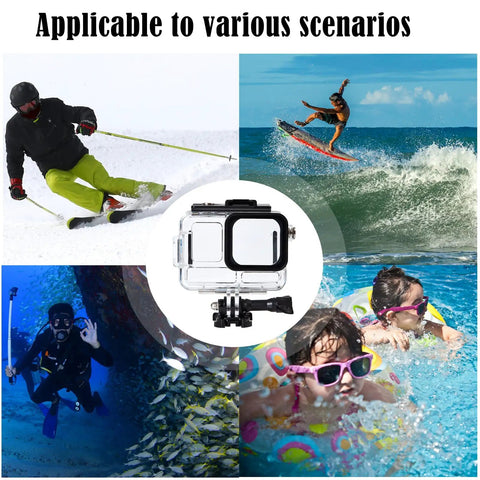 Beefed-Up Waterproof Case For Insta360 Ace Pro With 60m Depth, 3-Pack Dive Filters, showing ski, surf, dive, pool use scenarios.
