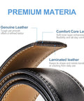 Close-up of Men's Leather Ratchet Belt With Automatic Buckle, highlighting genuine leather and comfort core layer, no hole trim fit.