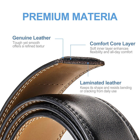 Close-up of Men's Leather Ratchet Belt With Automatic Buckle, highlighting genuine leather and comfort core layer, no hole trim fit.