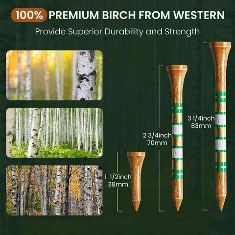 Birch Wood Golf Tees Value Pack 100 Count With 80 Regular Tees In Two And Three Quarters Or Three And A Quarter Inches And 20 Short One And A Half Inch Driving Range Tees Tan Color 5X More Durable 5X Stronger Less Friction For Consistent Drives