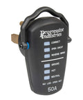 RRT-50 RV Receptacle Tester Black 50 Amp With Wiring Fault Detection And Open Ground Open Neutral Open Hot To Verify Safe Campground Power Before You Power Your RV No Sweat, black exterior view