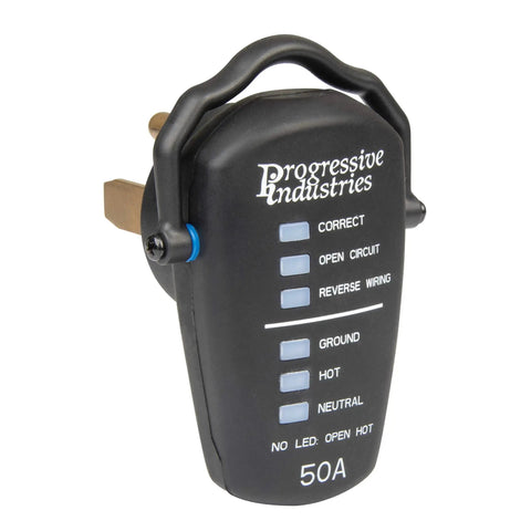 RRT-50 RV Receptacle Tester Black 50 Amp With Wiring Fault Detection And Open Ground Open Neutral Open Hot To Verify Safe Campground Power Before You Power Your RV No Sweat, black exterior view