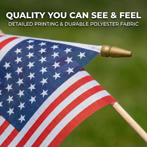 Close-up of handheld American flag on stick, showing polyester fabric detail, Bulk 100 Pack Handheld American Flags On Sticks 4x6 Inches