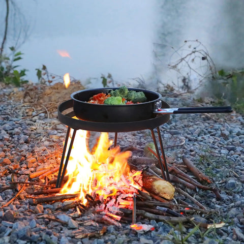Folding Campfire Tripod For Cooking over a bonfire with frying pan, portable camping tripod stand for bonfire fire pit.