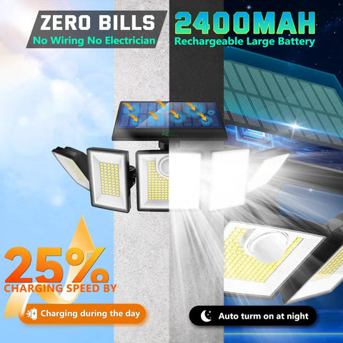 Ultra Bright Solar Motion Flood Light Outdoor Waterproof With 416 LEDs, 3000 Lumens, showing solar panel and illumination