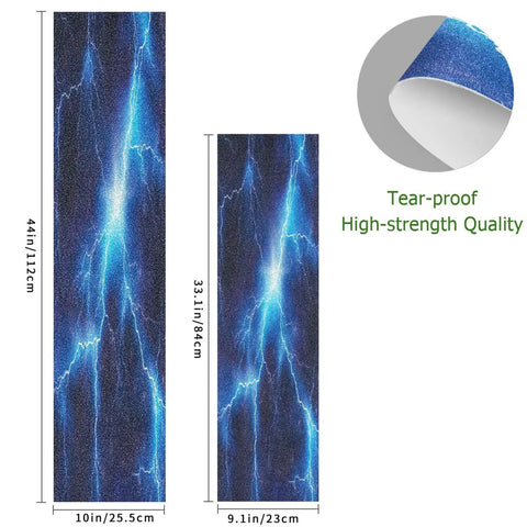 Electric Blue Lightning Skateboard Grip Tape 33 X 9 In Waterproof Tearproof Non Slip Bubble Free Longboard Grip Tape For Scooters Boys And Girls High Friction Emery PVC Surface Easy Install, showing full strip and corner detail