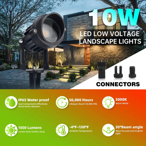 Garden view with 10W LED Landscape Lights 12V Outdoor Spotlight Plug And Play Connectors Low Voltage Yard Uplight Warm White 3000K 1000 Lumens Waterproof 30 Degree Beam 2 Pack For Easy Backyard Accent Lighting.