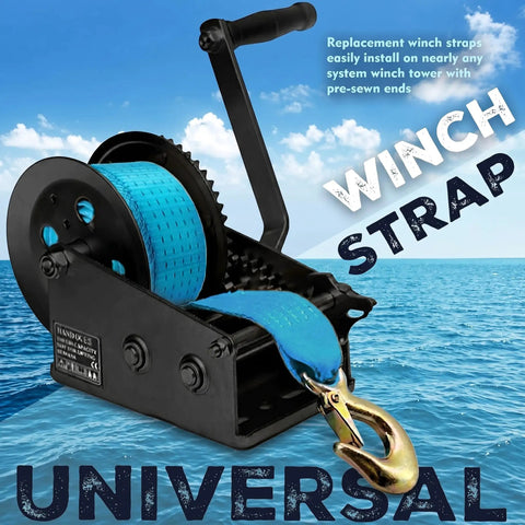 Beefed Up Heavy Duty Marine Trailer Winch Strap Kit 2 Inch By 20 Foot With 12000 Lbs Break Strength For PWC Pontoon Boats Includes Forged Hook And Work Gloves Blue, shown in marine setting, focus on blue strap and hook.