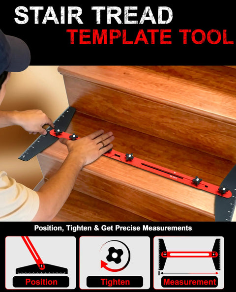 Adjustable Stair Tread Template Angle Finder With Heavy Duty Aluminum Frame And Grippy Rubber Pads Delivering Dead On Measurements For No Sweat Woodworking And Weekend Repair Jobs in use, measuring stair tread.