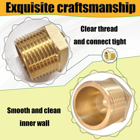 Two brass 3/8 MNPT to 1/4 FNPT reducer adapters; male 3/8 to female 1/4 FNPT pipe fittings.