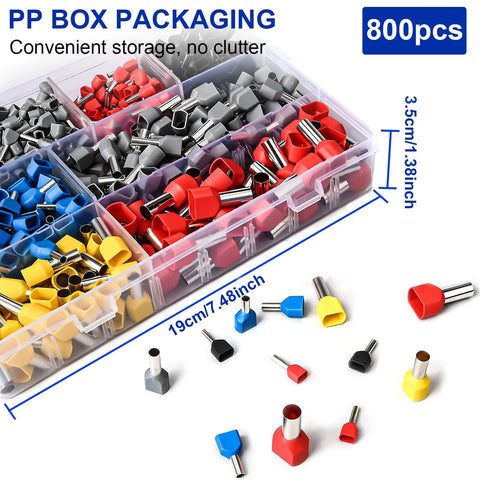 800 Piece Double Wire Ferrule Kit For Parallel Crimping, color-coded ferrules in storage box, brass barrel connectors visible