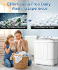 No Sweat Compact 13 Pound Twin Tub Washing Machine Portable Washer And Spin Cycle Combo with woman and child holding clean laundry