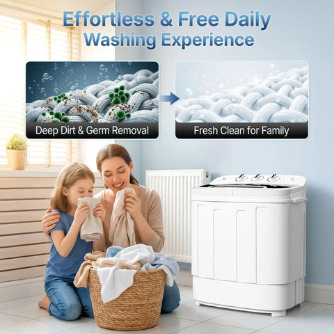 No Sweat Compact 13 Pound Twin Tub Washing Machine Portable Washer And Spin Cycle Combo with woman and child holding clean laundry