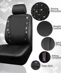 PU Leather Bling Diamond Car Seat Covers Full Set Waterproof Durable with rear zipper showing rhinestone details and material features.