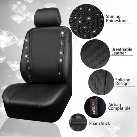 PU Leather Bling Diamond Car Seat Covers Full Set Waterproof Durable with rear zipper showing rhinestone details and material features.
