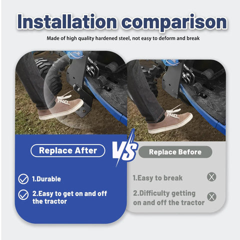 Comparison of installation showing Left Side Tractor Step For Massey Ferguson GC 17xx Sub Compact with front end loader.