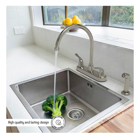 RV Kitchen Sink Faucet With High Arc Spout, Dual Lever Handles, And Side Spray, Deck Mount, Brushed Nickel Finish, with water running