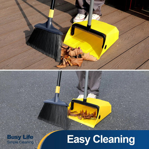 Heavy Duty Commercial Dustpan With Built In Comb For Hair Removal, Indoor Outdoor Use, Large 42 Inch Tall Dustpan in use with leaves