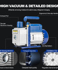 All In One HVAC Vacuum Pump Kit With One Third Horsepower Single Stage Rotary Vane Pump And Gauge Set For Auto And Home AC Systems Leak Detector Hoses And Essential Tools For Refrigeration, blue and silver