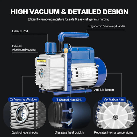 All In One HVAC Vacuum Pump Kit With One Third Horsepower Single Stage Rotary Vane Pump And Gauge Set For Auto And Home AC Systems Leak Detector Hoses And Essential Tools For Refrigeration, blue and silver