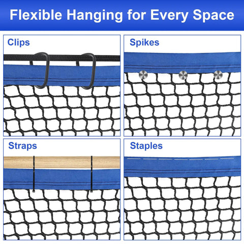 Heavy Duty 10x10 Golf Net For Garage And Backyard, Boss Level Training Netting, showing clips, spikes, straps, staples setup