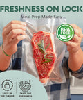 Person holding Quart 8x12 Inch Vacuum Sealer Bags 100 Pack For Foodsaver And Seal A Meal Machines Built Tough BPA Free. Contains steak.
