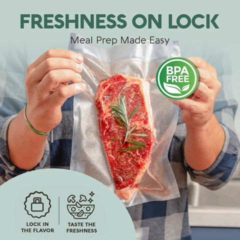 Person holding Quart 8x12 Inch Vacuum Sealer Bags 100 Pack For Foodsaver And Seal A Meal Machines Built Tough BPA Free. Contains steak.