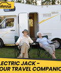 Elderly couple sitting in chairs outside a white RV with an open door, showcasing comfort and leisure.
