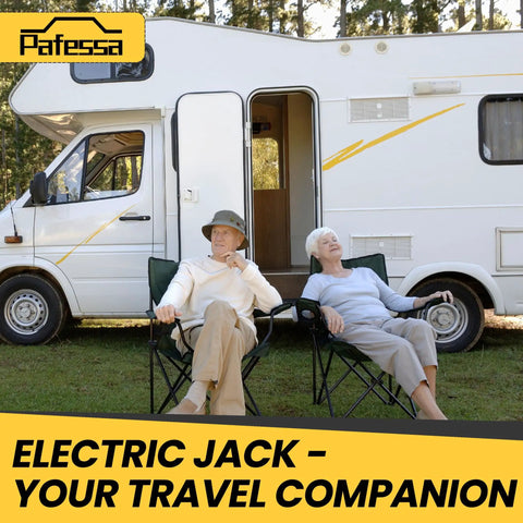 Elderly couple sitting in chairs outside a white RV with an open door, showcasing comfort and leisure.