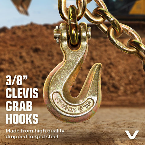 Close-up of 3/8 inch forged G70 clevis grab hook from Beefy Heavy Duty Chain And Load Binder Kit for trucks and trailers.