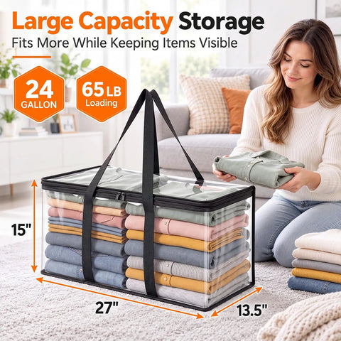 Heavy Duty Clear Storage Bins 2 Pack Extra Large Clothes Organizers With Lids Super roomy 27x15x13.5 inch clear bags with folded clothes.