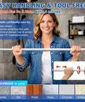 Person holding a Heavy Duty Adjustable Tension Shower Curtain Rod With Dual End Springs And 3 Inch Non Slip Pads, 1.1 Inch Stainless Steel Tube, Fits 42 To 100 Inches, No Sag For Bathroom Window Room Divider Patio against a wall, highlighting easy installation in various surfaces like marble and tile.