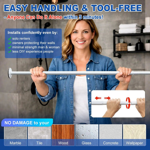 Person holding a Heavy Duty Adjustable Tension Shower Curtain Rod With Dual End Springs And 3 Inch Non Slip Pads, 1.1 Inch Stainless Steel Tube, Fits 42 To 100 Inches, No Sag For Bathroom Window Room Divider Patio against a wall, highlighting easy installation in various surfaces like marble and tile.