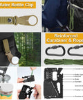 Collage of 19 In 1 Survival Gear Kit For Men Dad Husband Emergency Tools Camping Accessories including water bottle clip and carabiner.