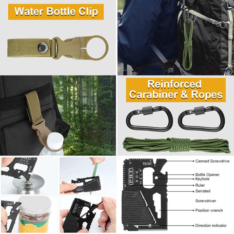 Collage of 19 In 1 Survival Gear Kit For Men Dad Husband Emergency Tools Camping Accessories including water bottle clip and carabiner.
